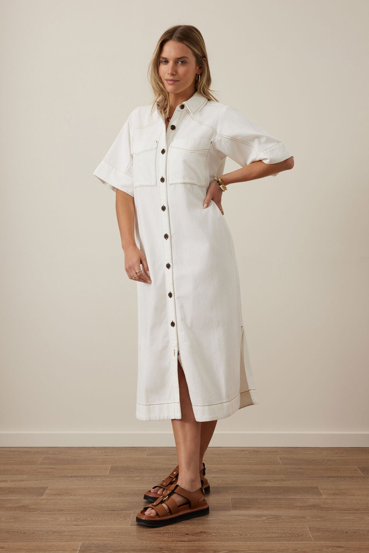 Ava Short Sleeve Midi Dress (Fresh Ecru Twill) - Something For Me