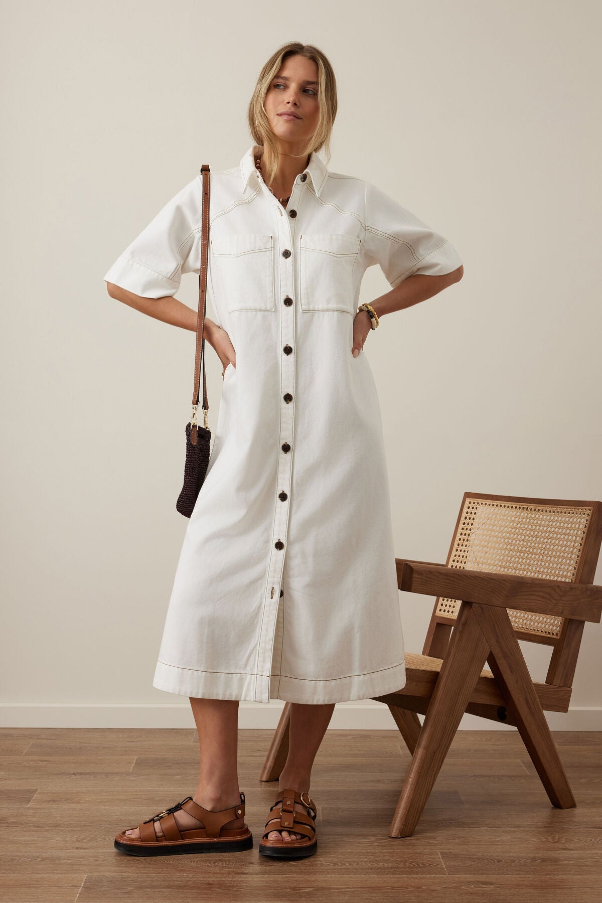 Ava Short Sleeve Midi Dress (Fresh Ecru Twill) - Something For Me