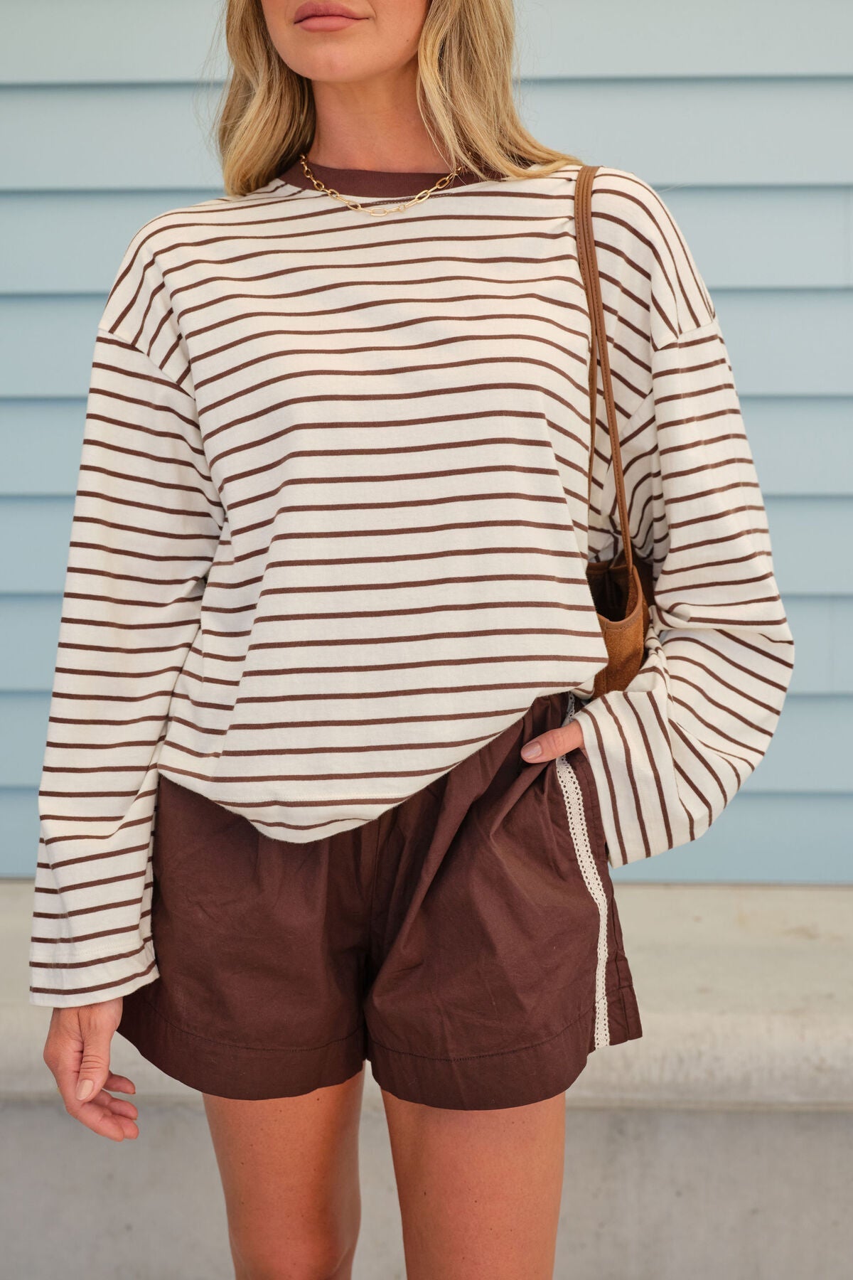 Beau Long Sleeve Slouchy Tee (Milk/Brunette Brown Stripe) - Something For Me