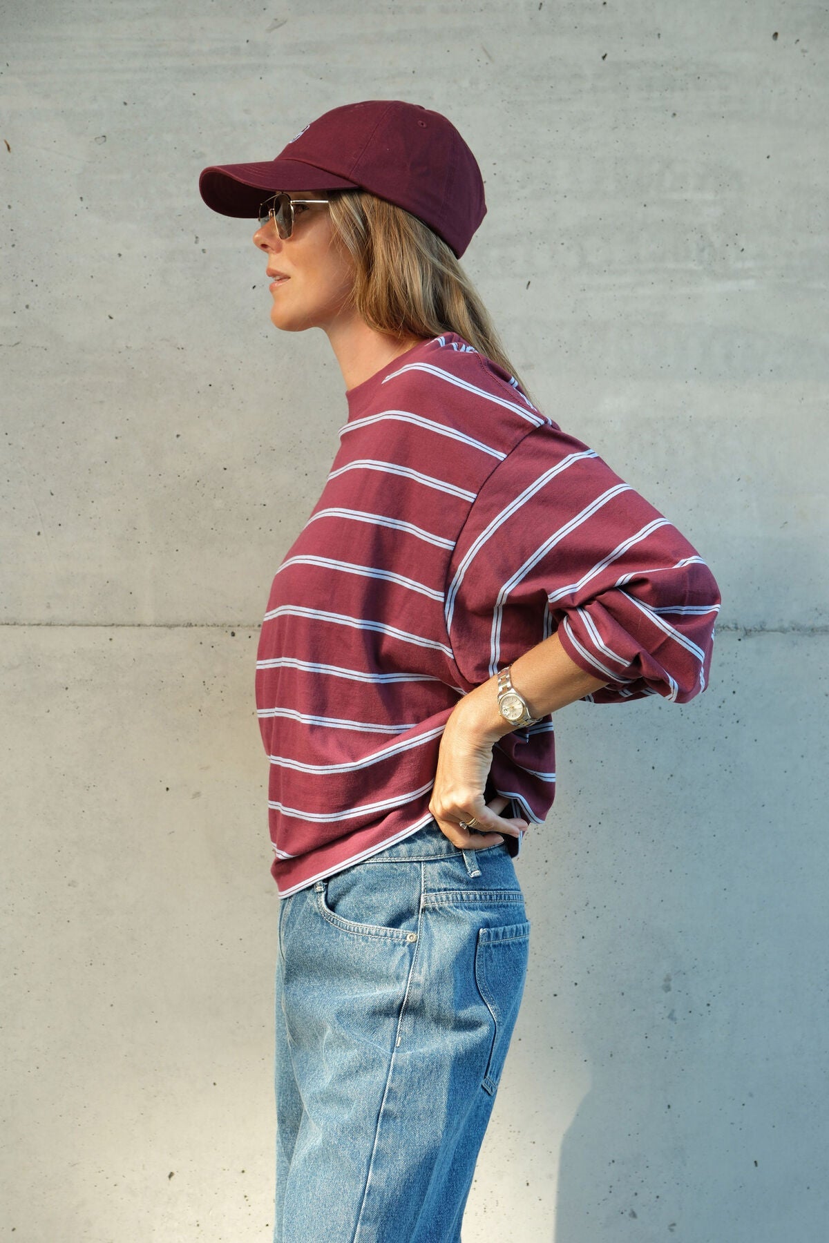 Beau Long Sleeve Slouchy Tee (Washed Burgundy/Sky Blue) - Something For Me
