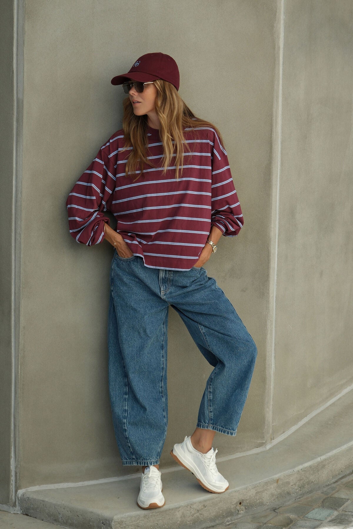 Beau Long Sleeve Slouchy Tee (Washed Burgundy/Sky Blue) - Something For Me