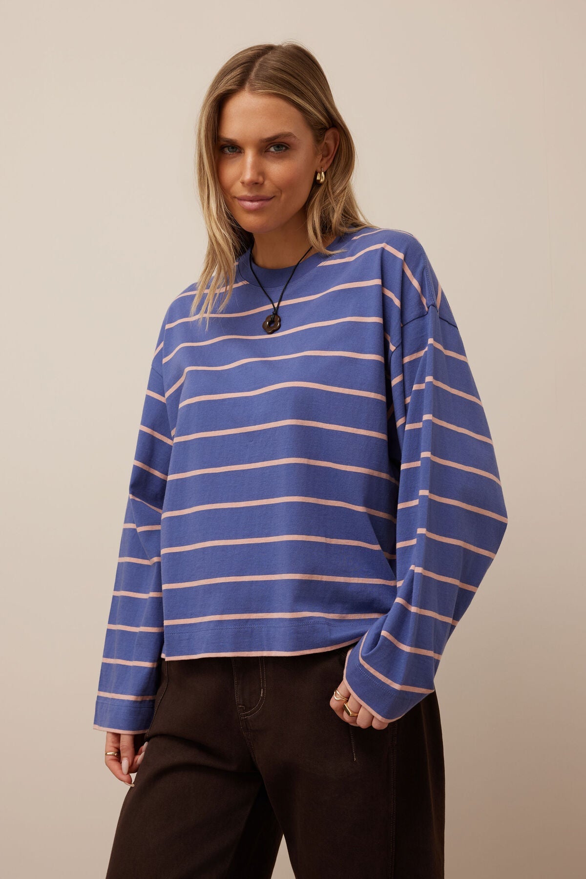 Beau Long Sleeve Slouchy Tee (Washed Navy/Pink Clay) - Something For Me