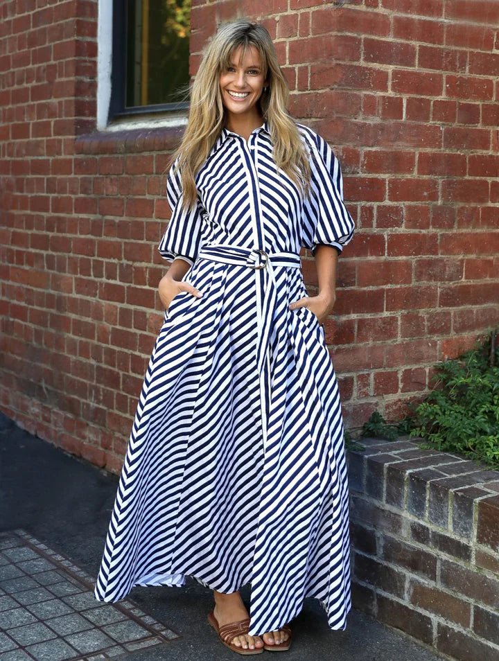 something navy striped maxi dress Rodeo  Something Navy - Lurex Striped Reversible Dress