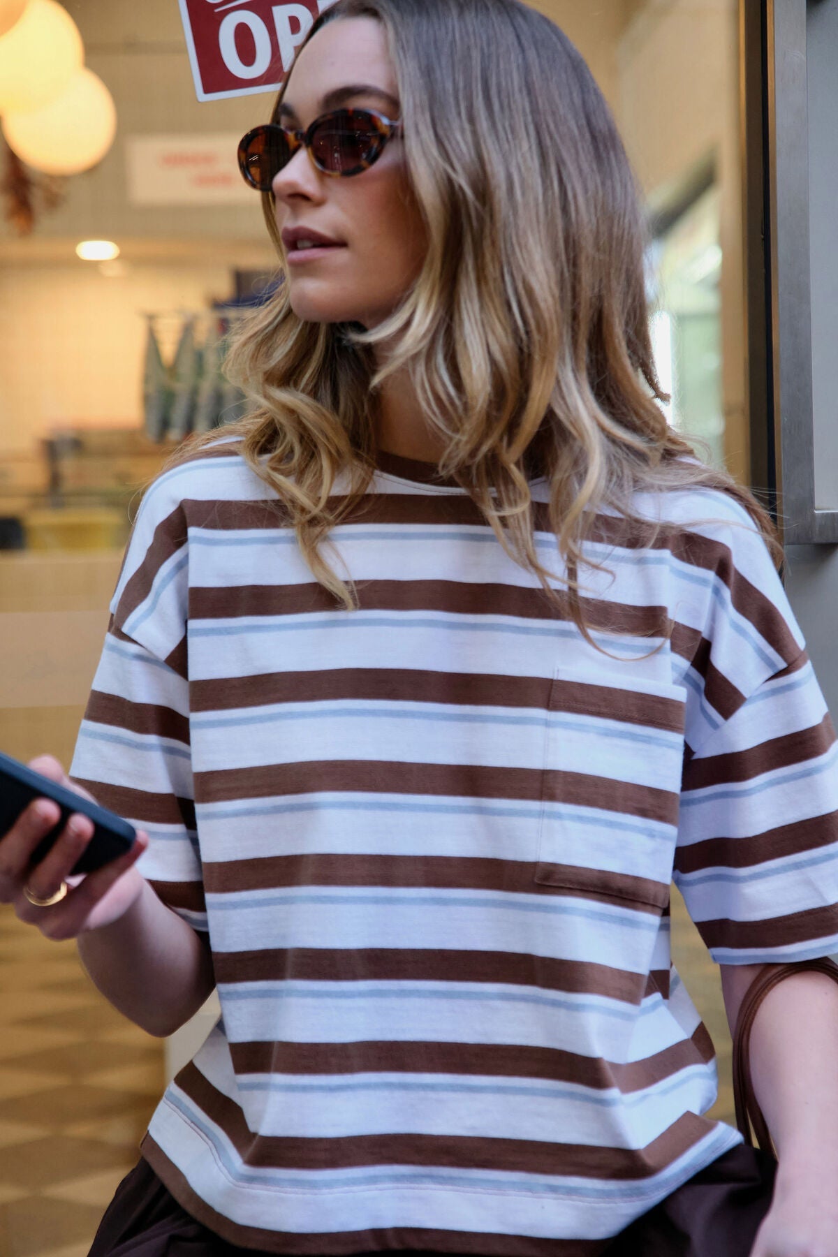 Boa Boxy Pocket Tee (White/Milk Choc Chalk Stripe) - Something For Me