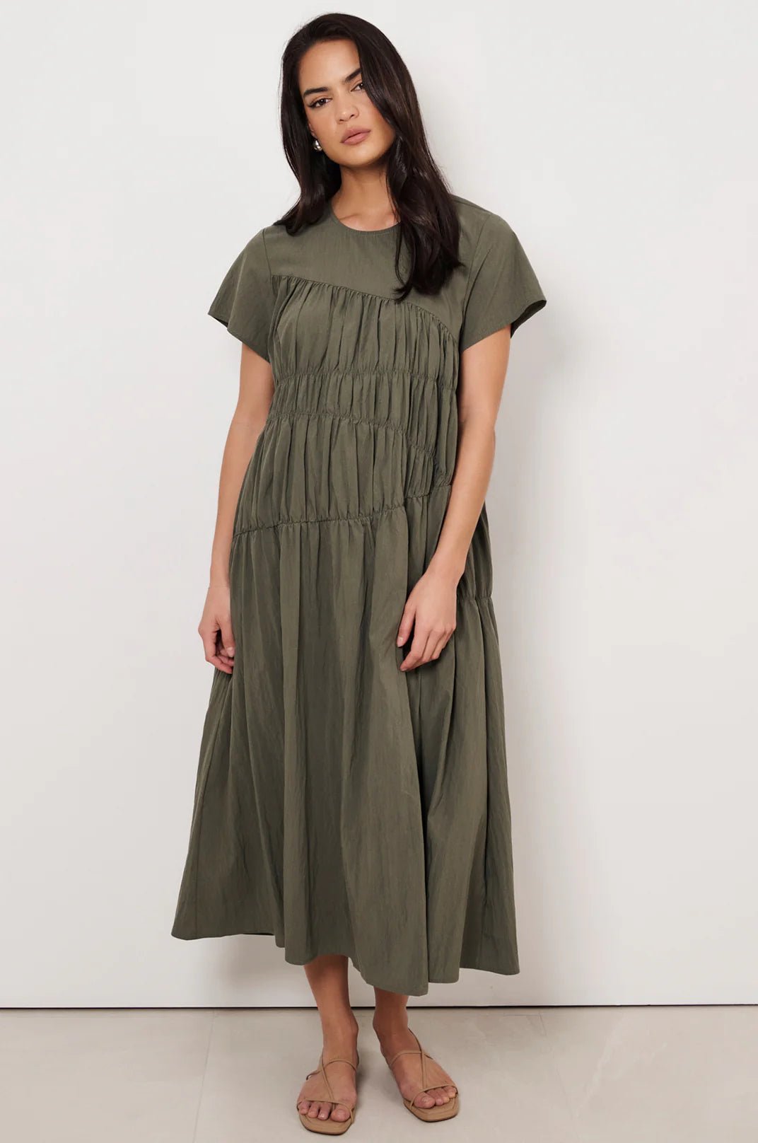 Evren Cap Sleeve Midi Dress (Khaki) - Something For Me