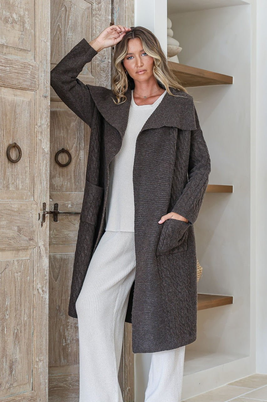 Longline Pocket Cable Cardigan (Chocolate) - Something For Me