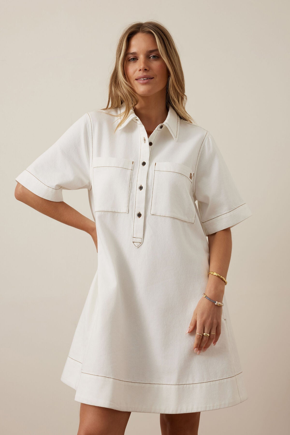 Milly Short Sleeve Mini Dress (Fresh Ecru) - Something For Me