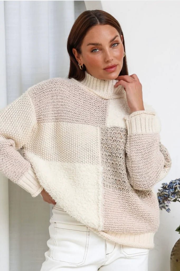 Patchwork Knit Jumper (Latte/Ivory) - Something For Me