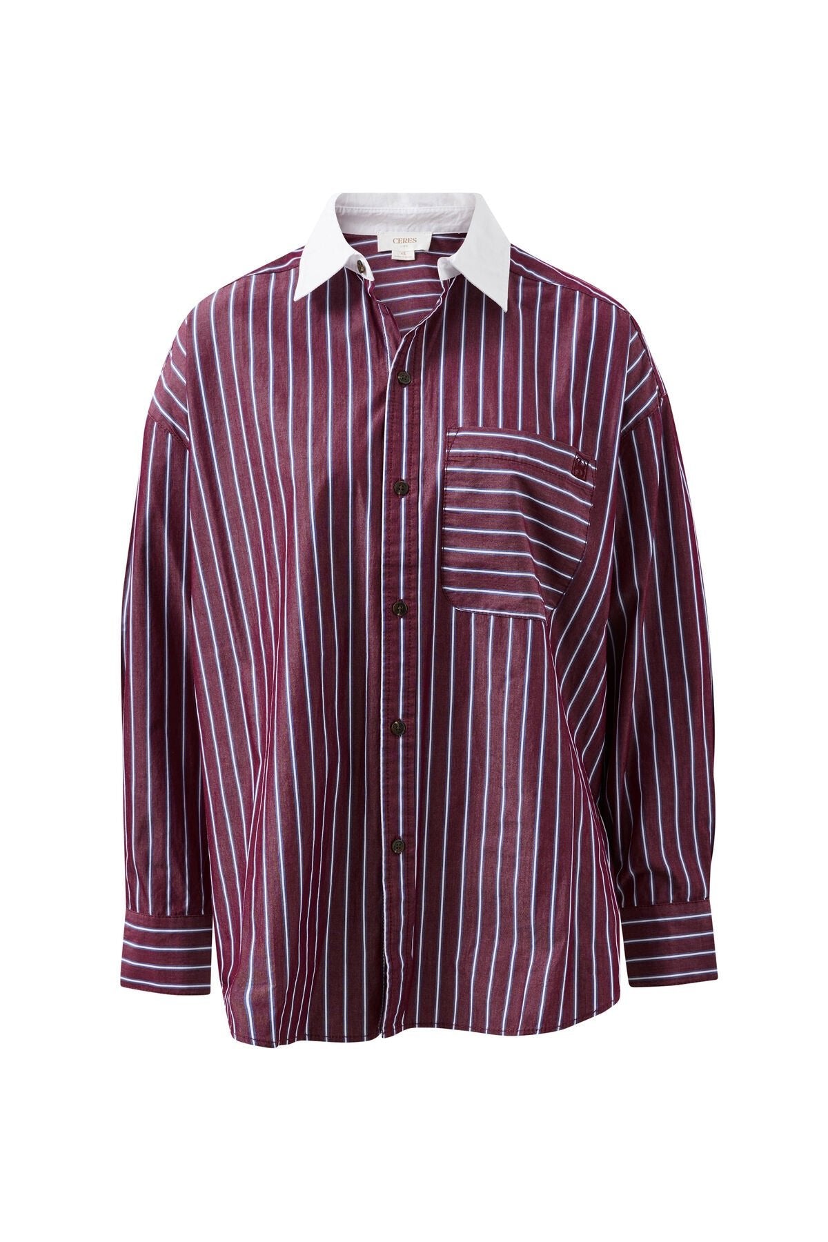 Peta Oversized Shirt (Burgundy Washed Navy Stripe White Collar) - Something For Me