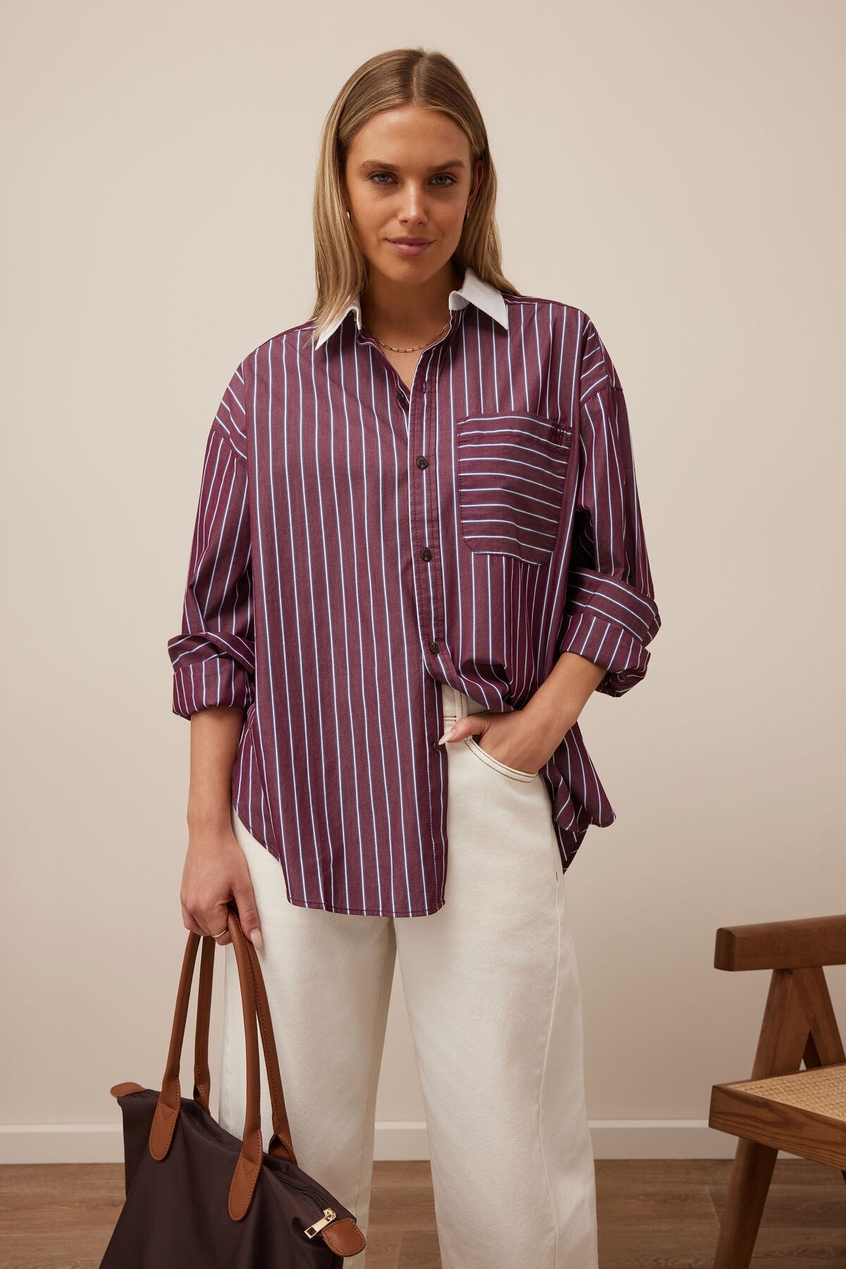 Peta Oversized Shirt (Burgundy Washed Navy Stripe White Collar) - Something For Me