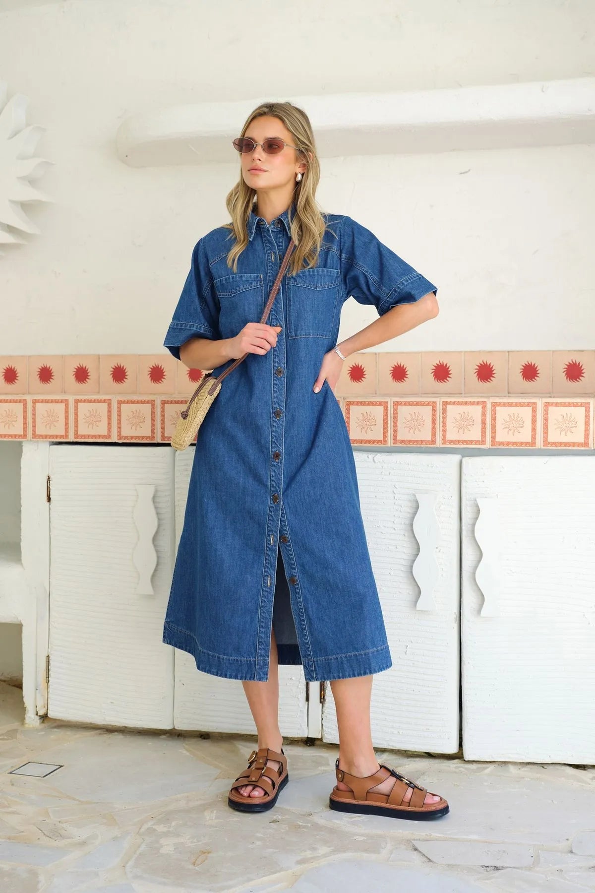 Short Sleeve Yoke Detail Midi Dress (Fresh Indigo) - Something For Me