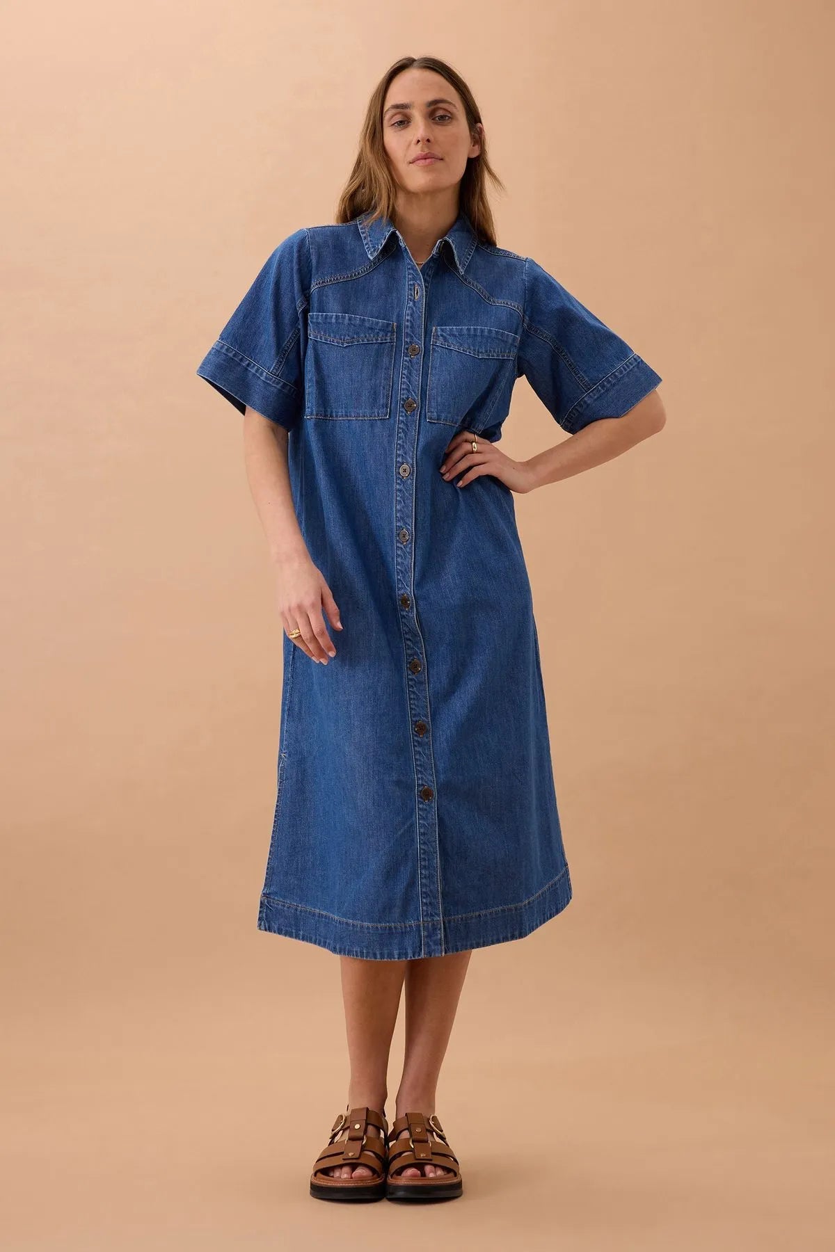 Short Sleeve Yoke Detail Midi Dress (Fresh Indigo) - Something For Me