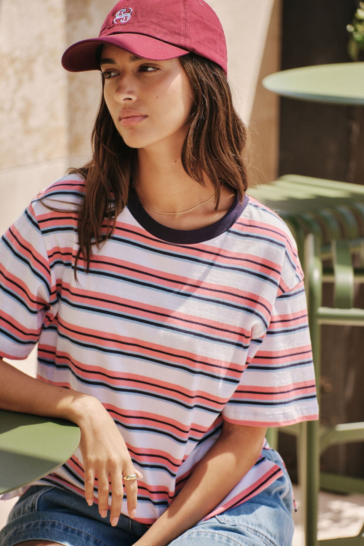 Stevie Slouchy Tee (Washed Coral/New Navy Stripe) - Something For Me