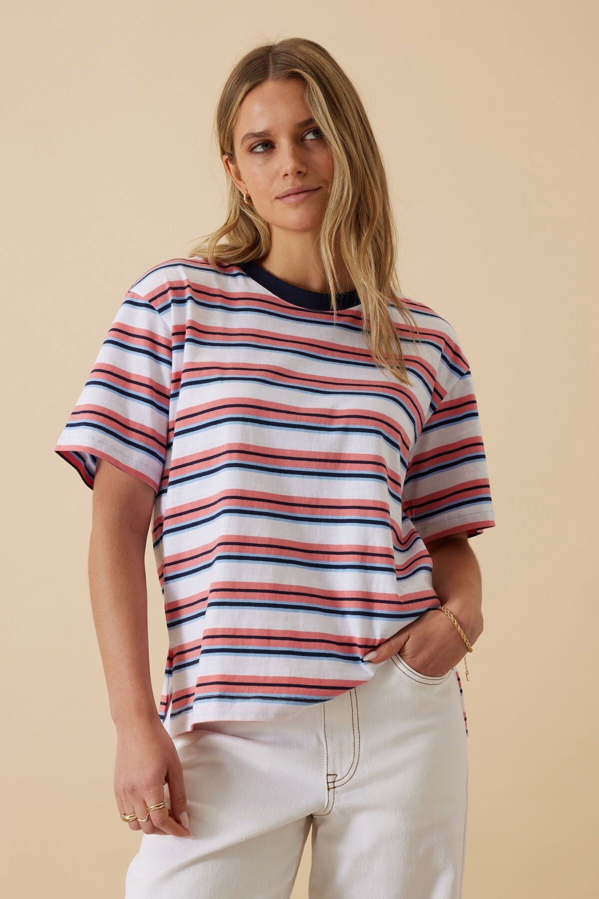 Stevie Slouchy Tee (Washed Coral/New Navy Stripe) - Something For Me