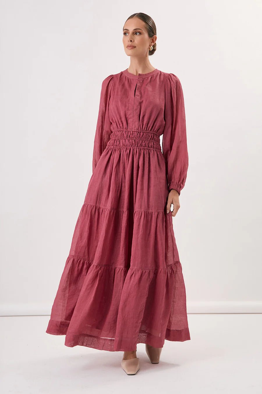 berry maxi dress with sleeves Violette Long Sleeve Ramie Maxi Dress (Berry)