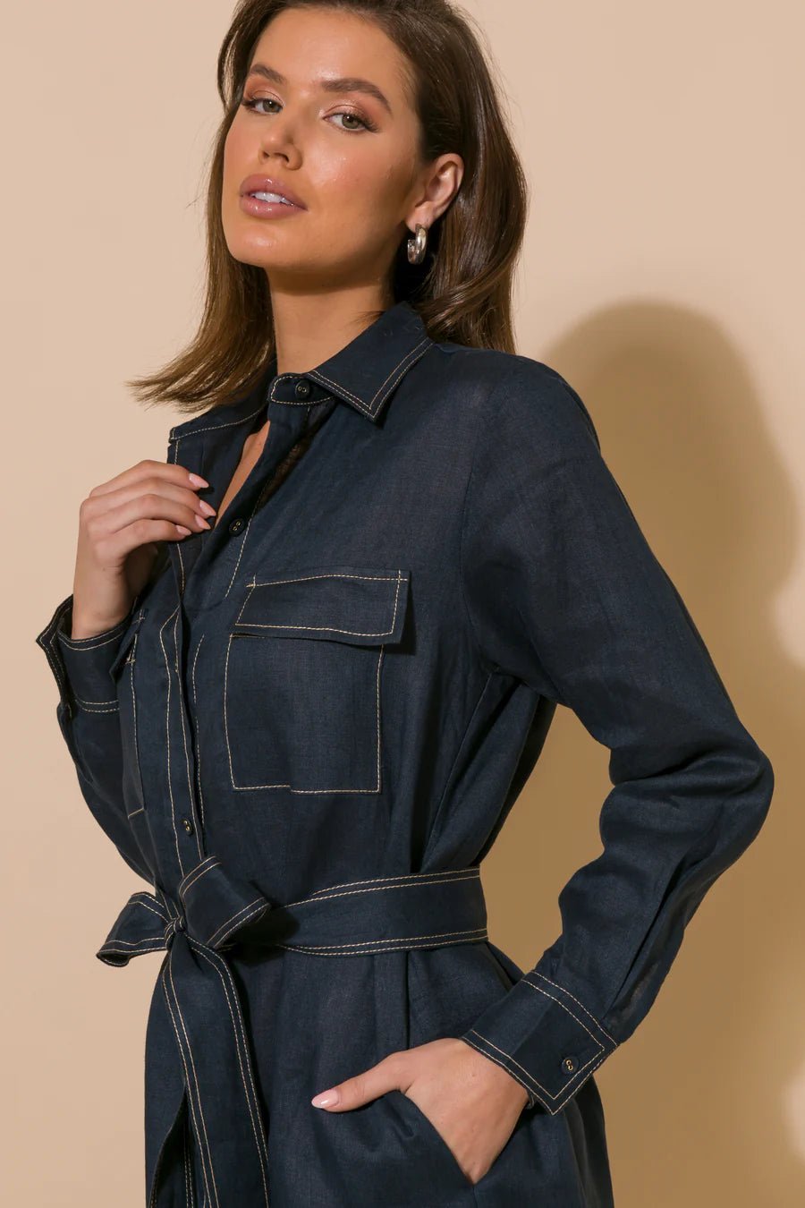 Petrina Contrast Stitch Linen Dress (Denim) - Something For Me