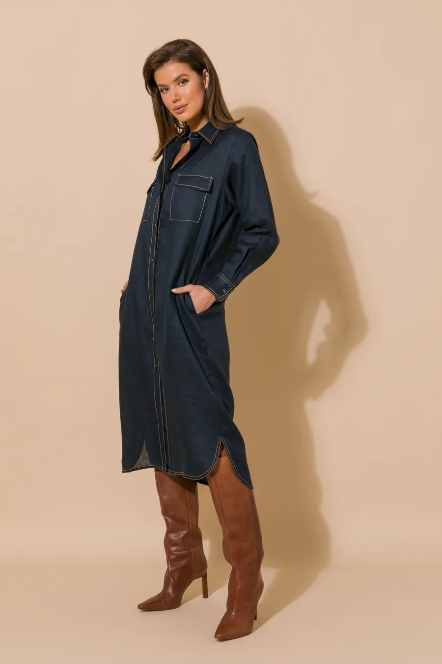 Petrina Contrast Stitch Linen Dress (Denim) - Something For Me