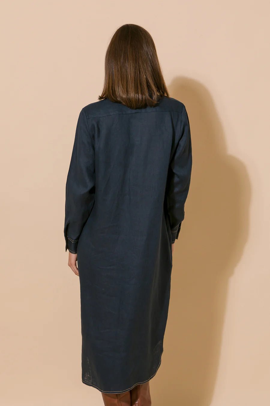 Petrina Contrast Stitch Linen Dress (Denim) - Something For Me