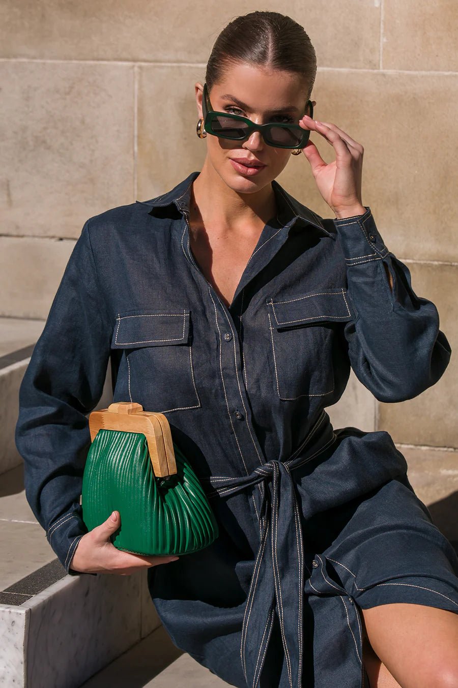 Petrina Contrast Stitch Linen Dress (Denim) - Something For Me