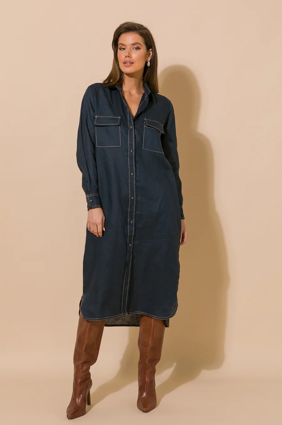 Petrina Contrast Stitch Linen Dress (Denim) - Something For Me