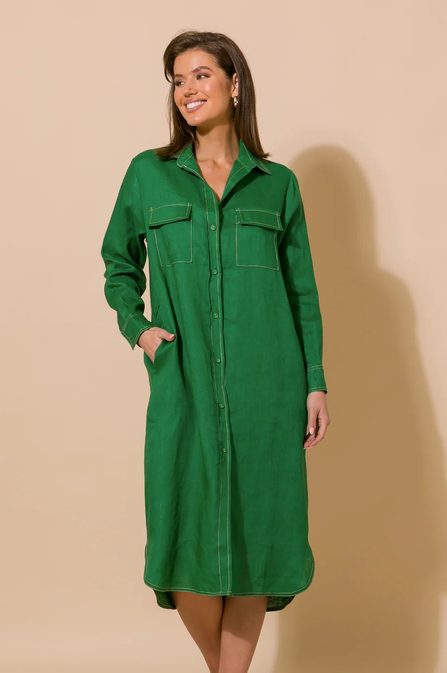 Petrina Contrast Stitch Linen Dress (Green) - Something For Me