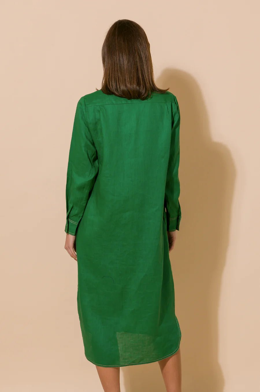 Petrina Contrast Stitch Linen Dress (Green) - Something For Me