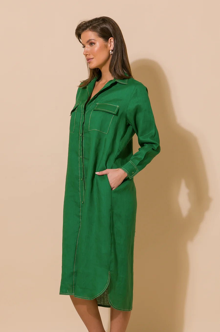 Petrina Contrast Stitch Linen Dress (Green) - Something For Me