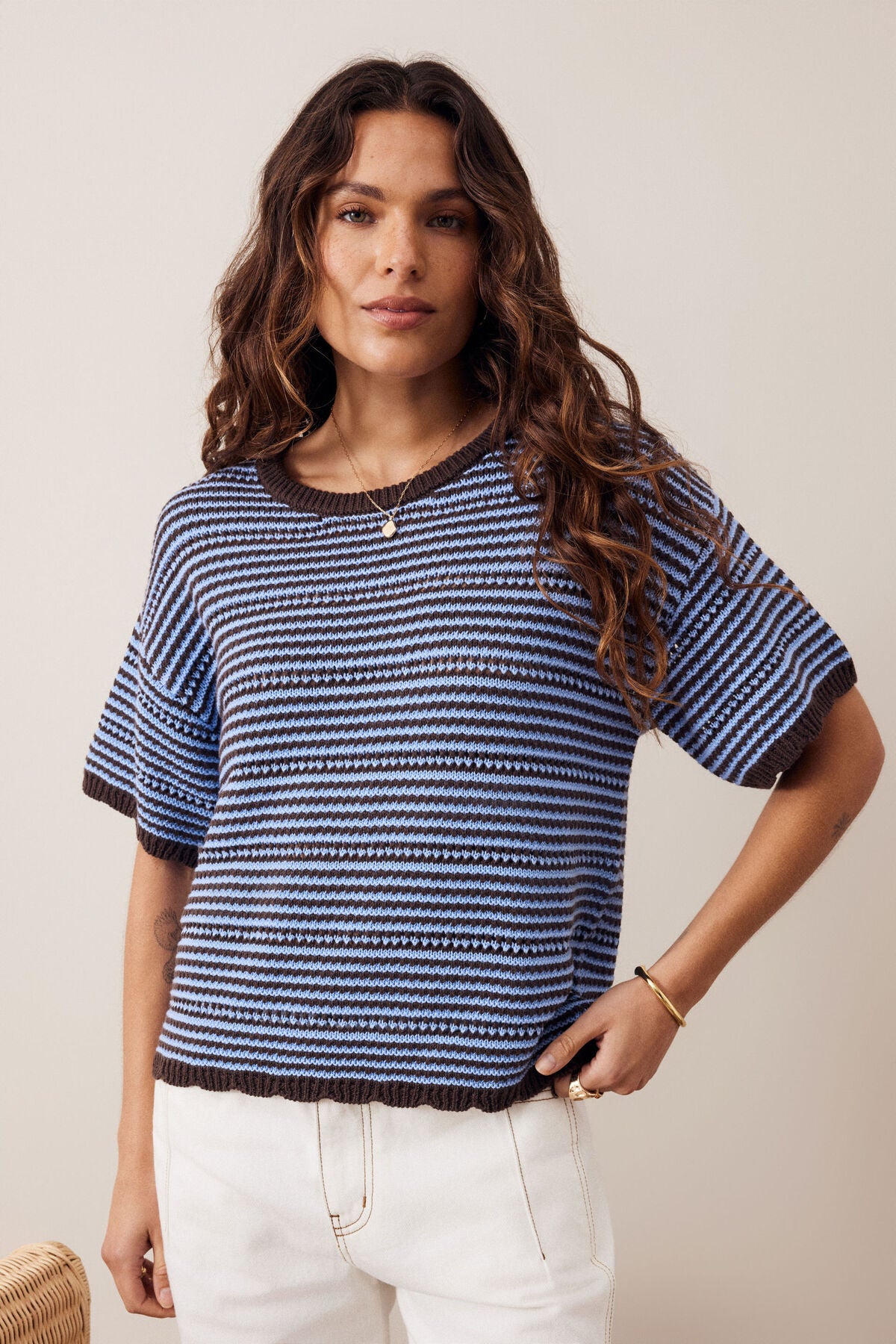 Nina Boxy Knit Tee (Brunette Sky Blue Stripe)