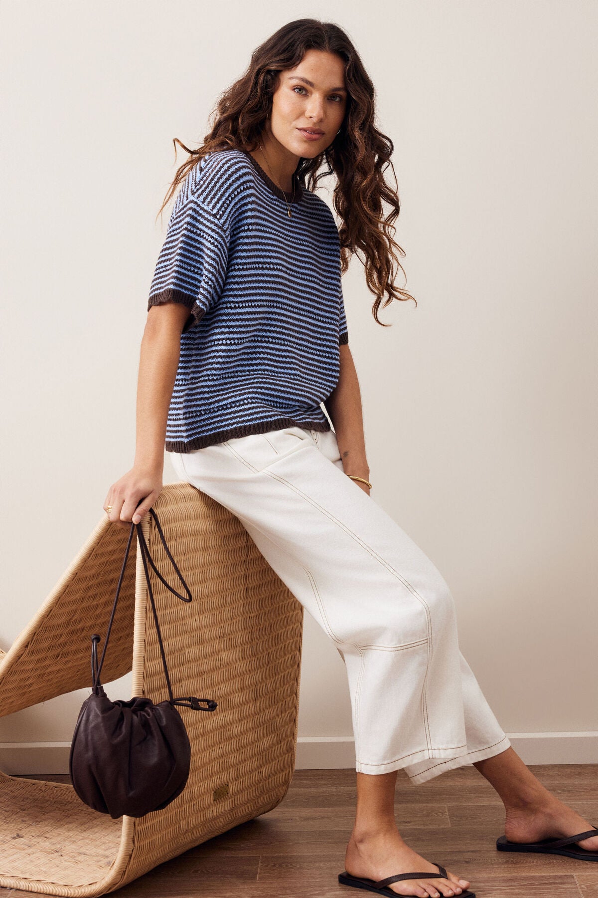 Nina Boxy Knit Tee (Brunette Sky Blue Stripe)