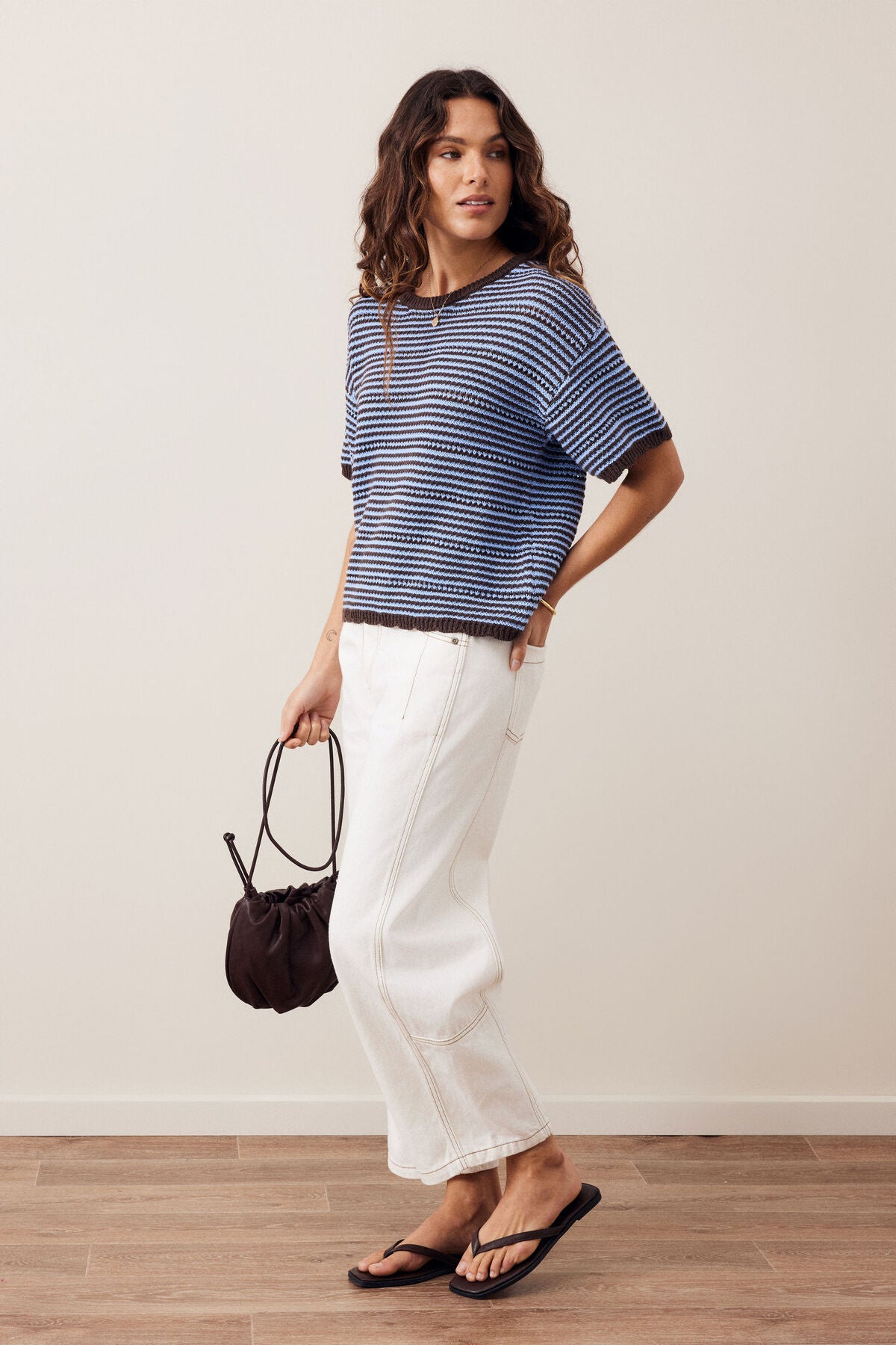 Nina Boxy Knit Tee (Brunette Sky Blue Stripe)