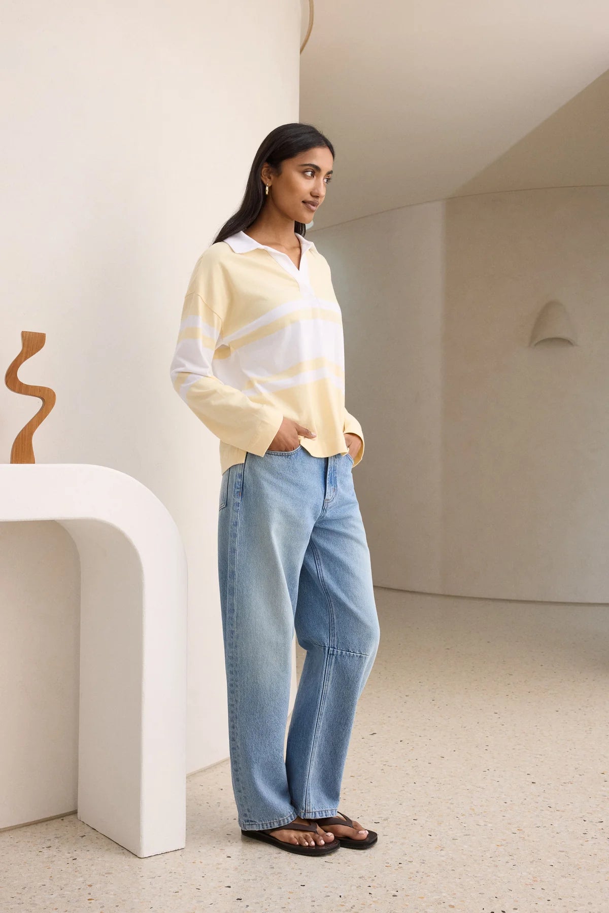 Shelby Slouchy Rugby Top (Butter/White Placement Stripe)