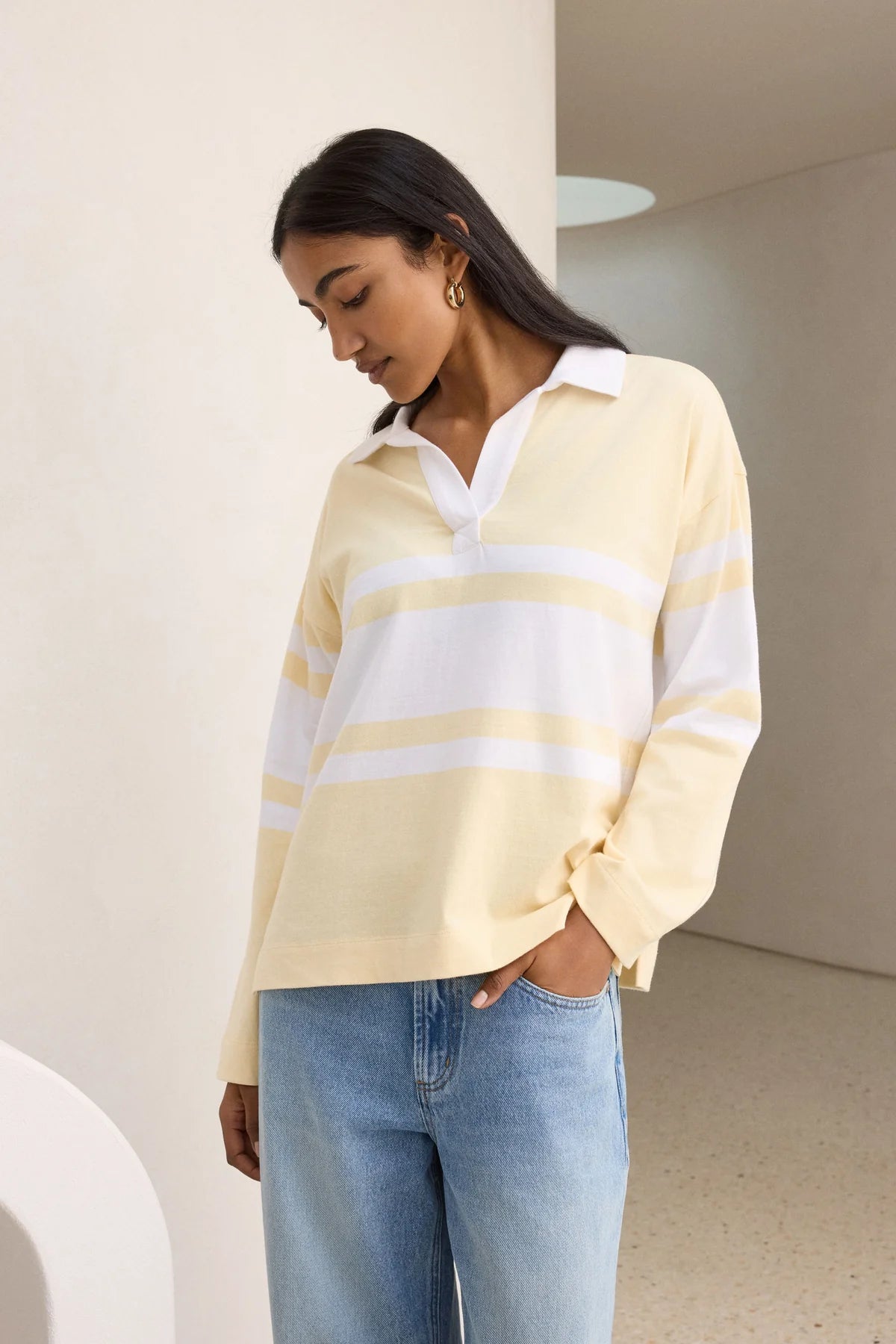 Shelby Slouchy Rugby Top (Butter/White Placement Stripe)