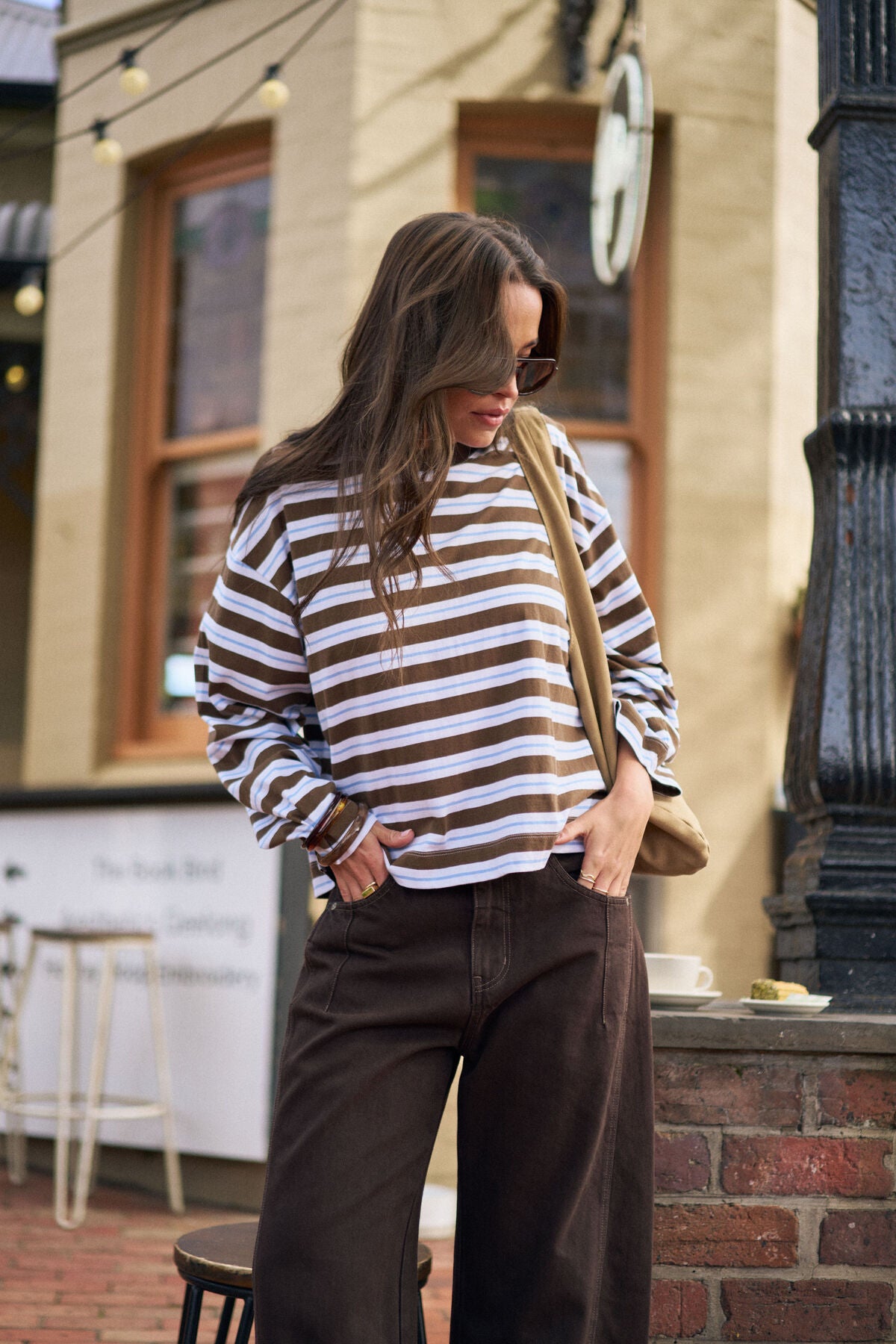 Beau Long Sleeve Slouchy Tee (Cocoa Sky Blue Stripe)