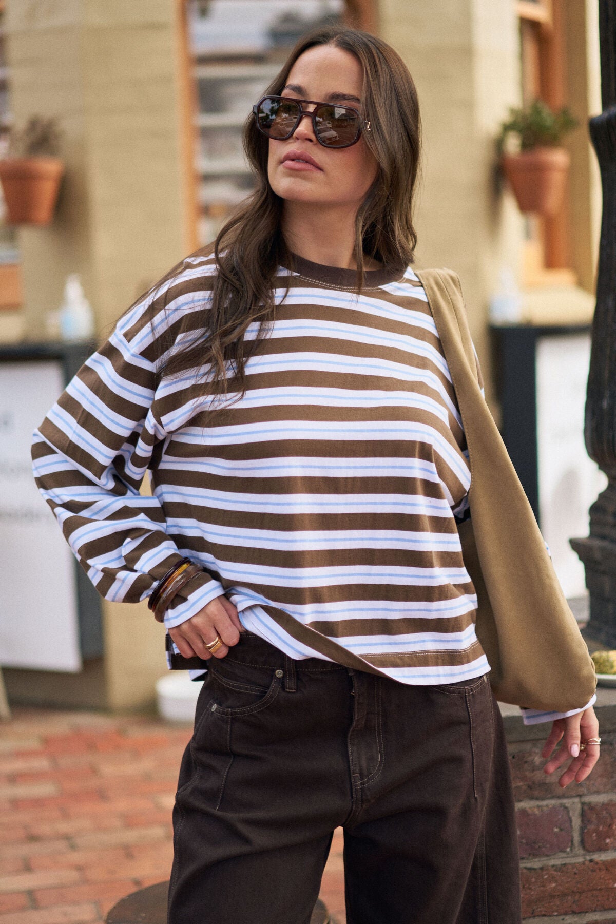 Beau Long Sleeve Slouchy Tee (Cocoa Sky Blue Stripe)