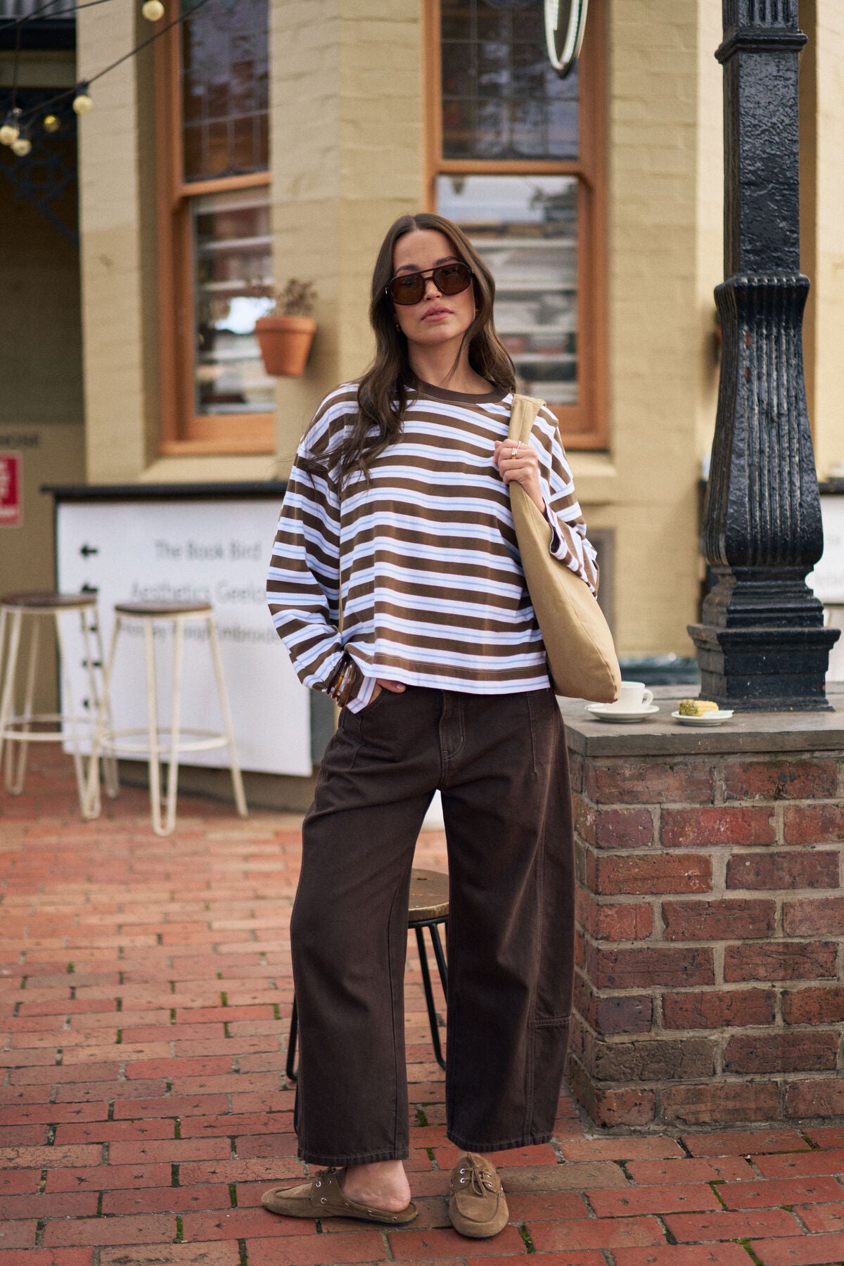 Beau Long Sleeve Slouchy Tee (Cocoa Sky Blue Stripe)