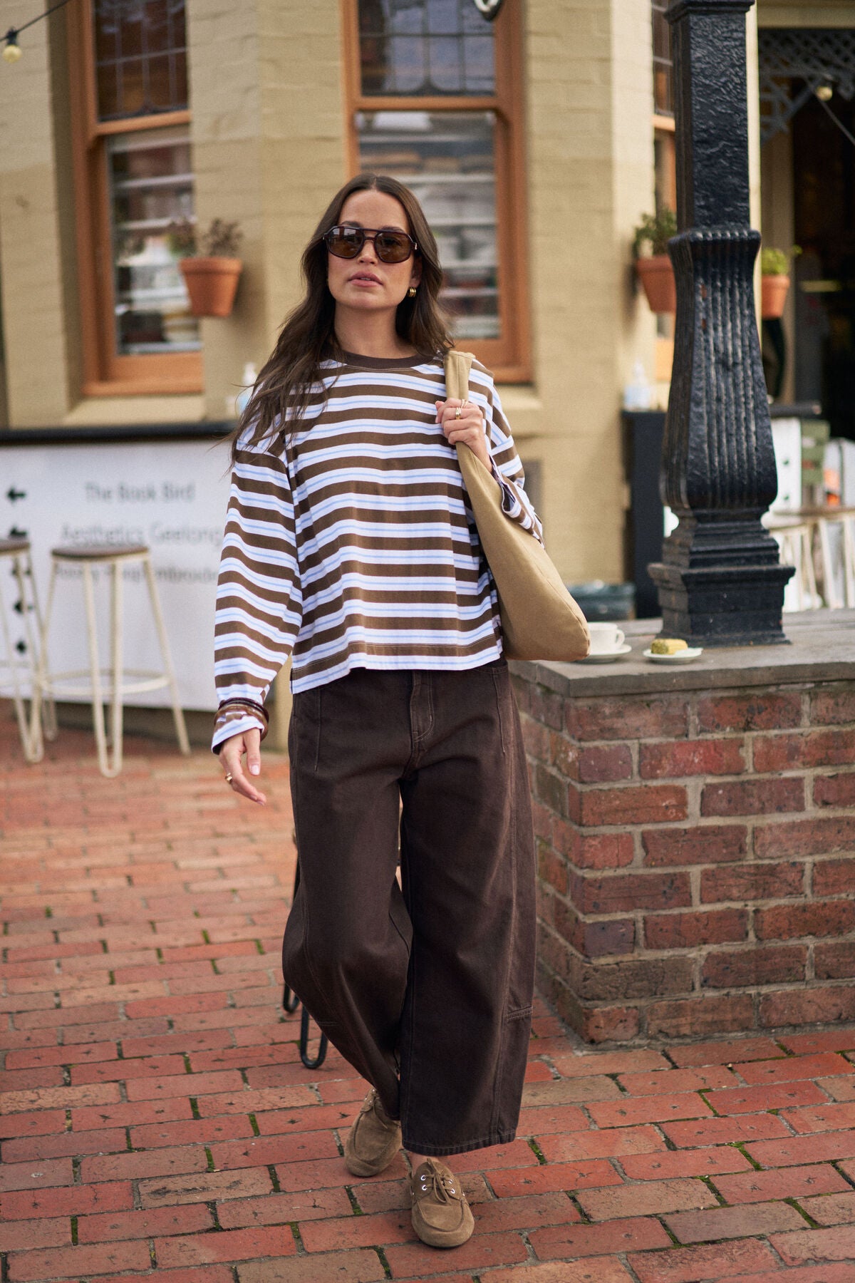 Beau Long Sleeve Slouchy Tee (Cocoa Sky Blue Stripe)