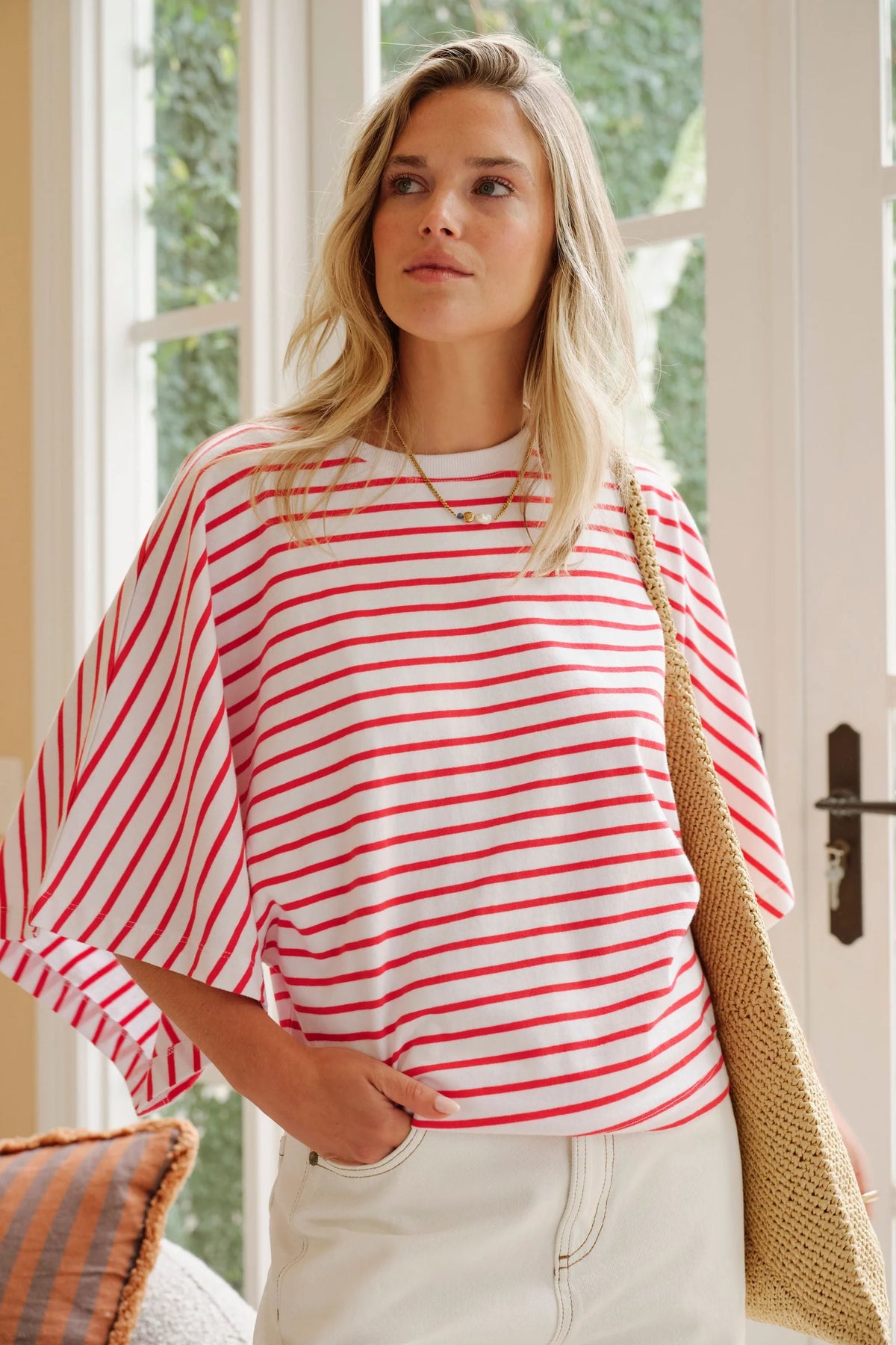 Lucy Relaxed Sleeve Tee (White/Heritage Red Stripe)