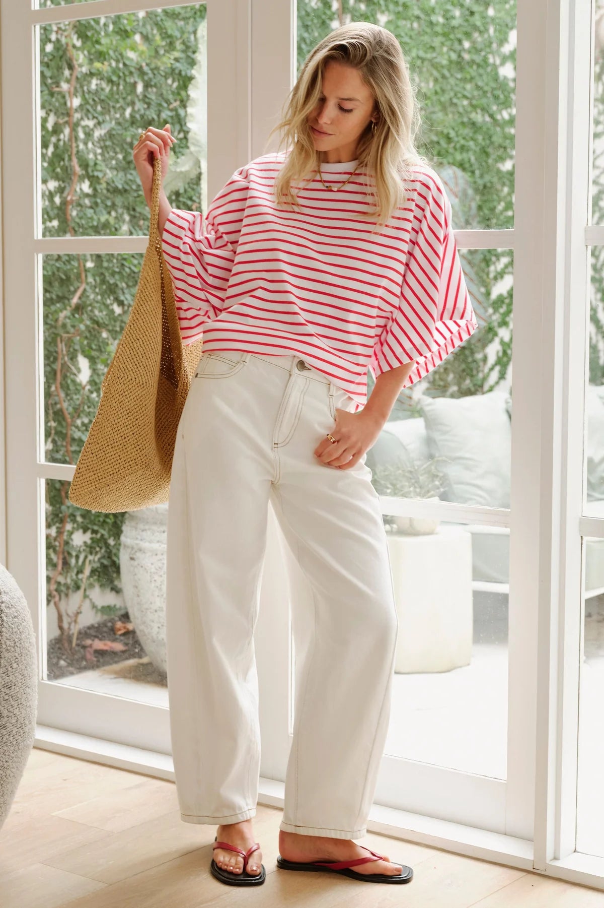 Lucy Relaxed Sleeve Tee (White/Heritage Red Stripe)