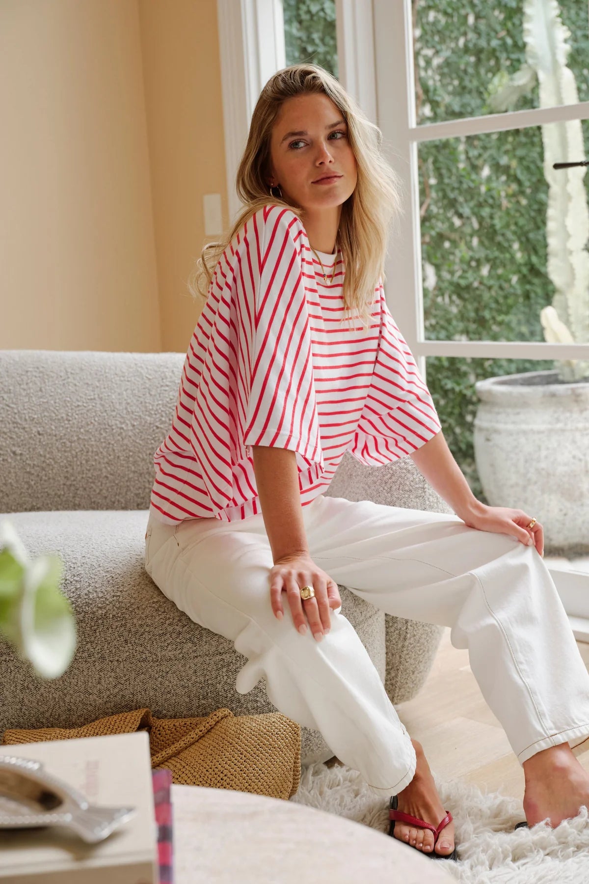 Lucy Relaxed Sleeve Tee (White/Heritage Red Stripe)