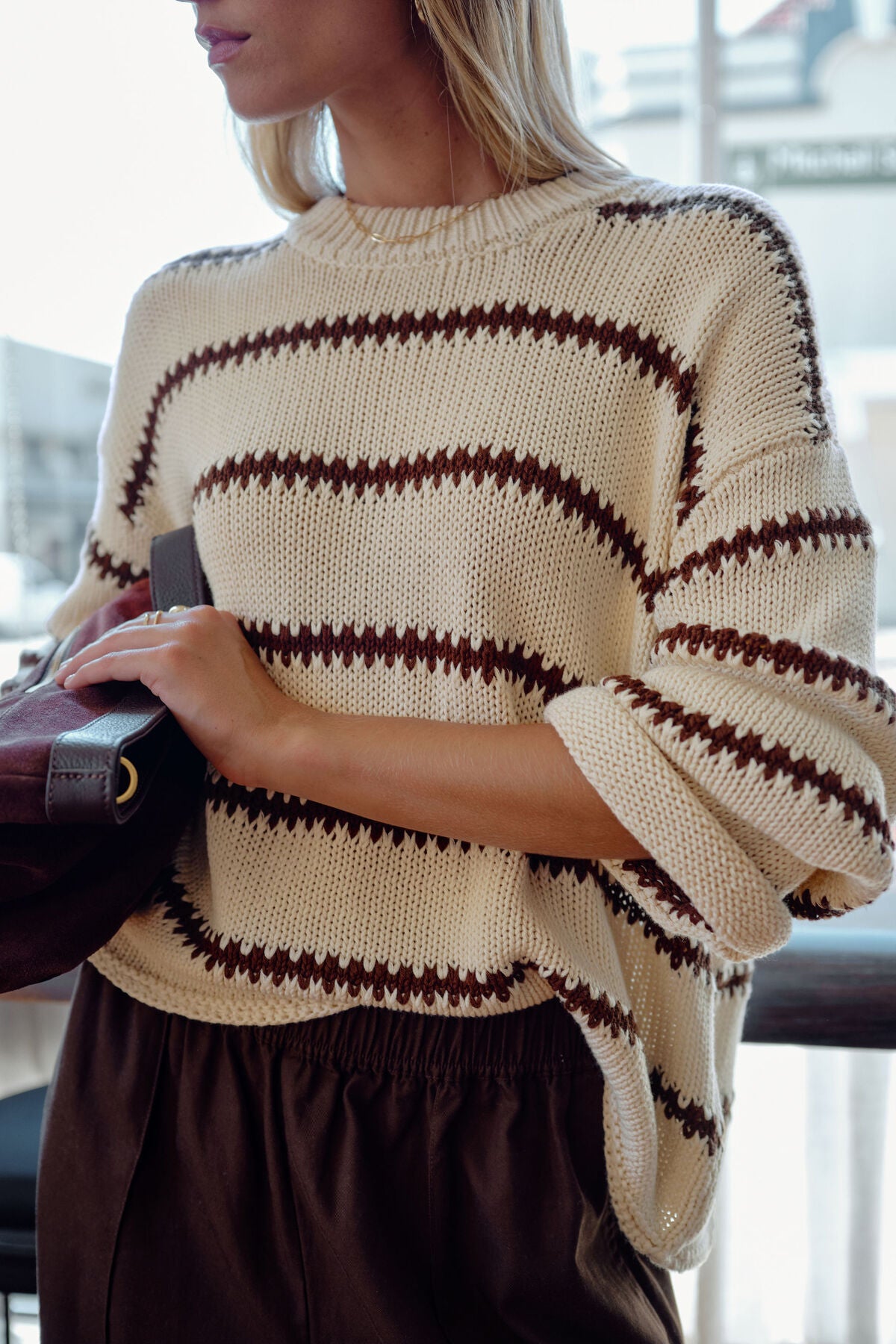 Lila Oversized Knit Crew (Ecru Stripe)