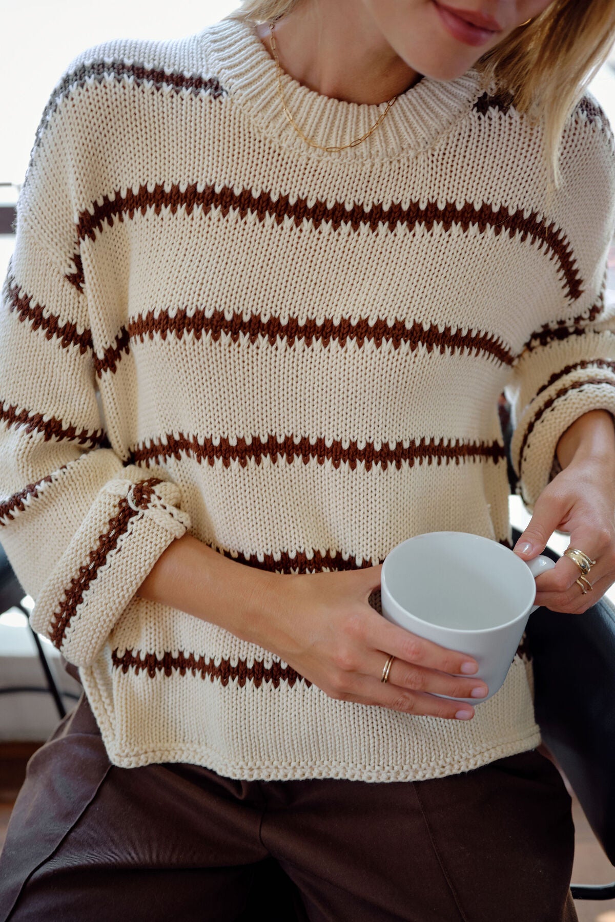 Lila Oversized Knit Crew (Ecru Stripe)
