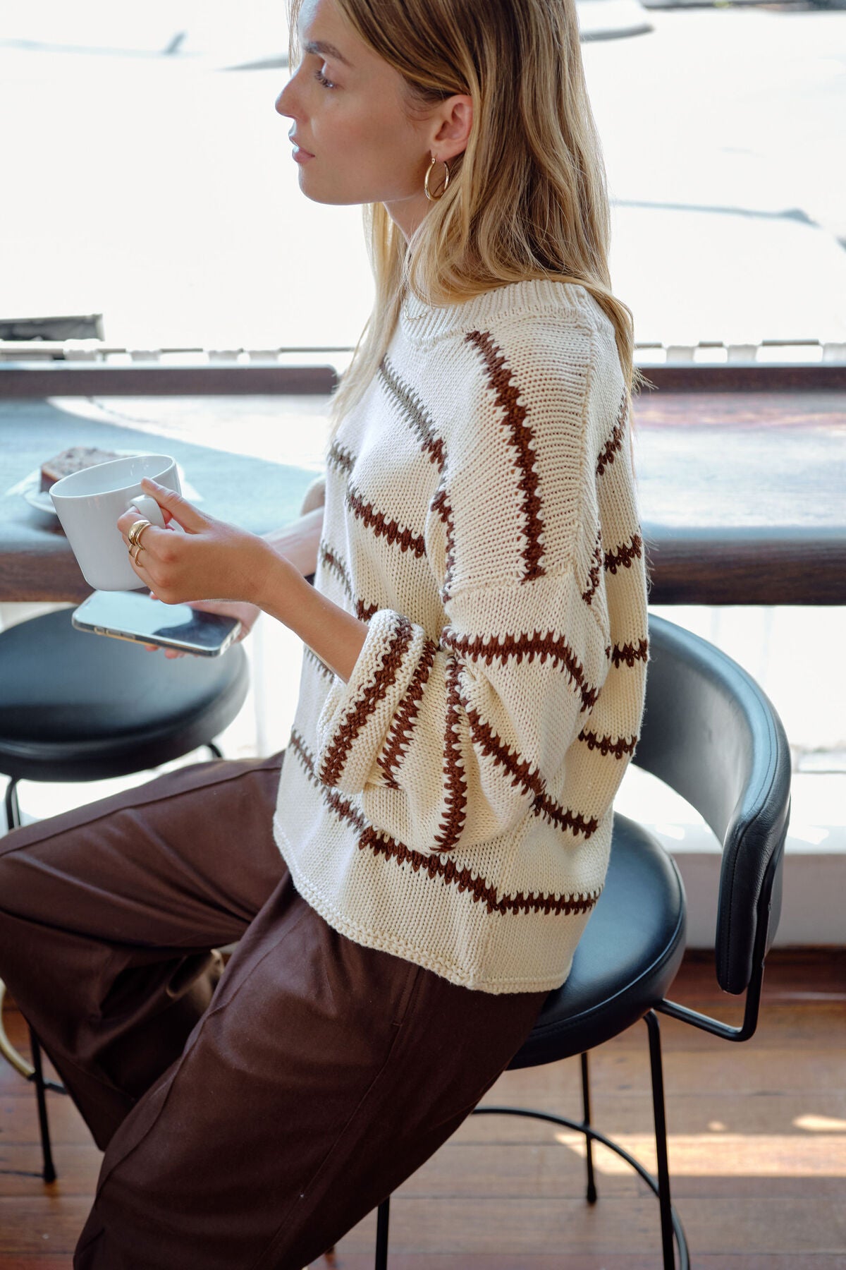 Lila Oversized Knit Crew (Ecru Stripe)