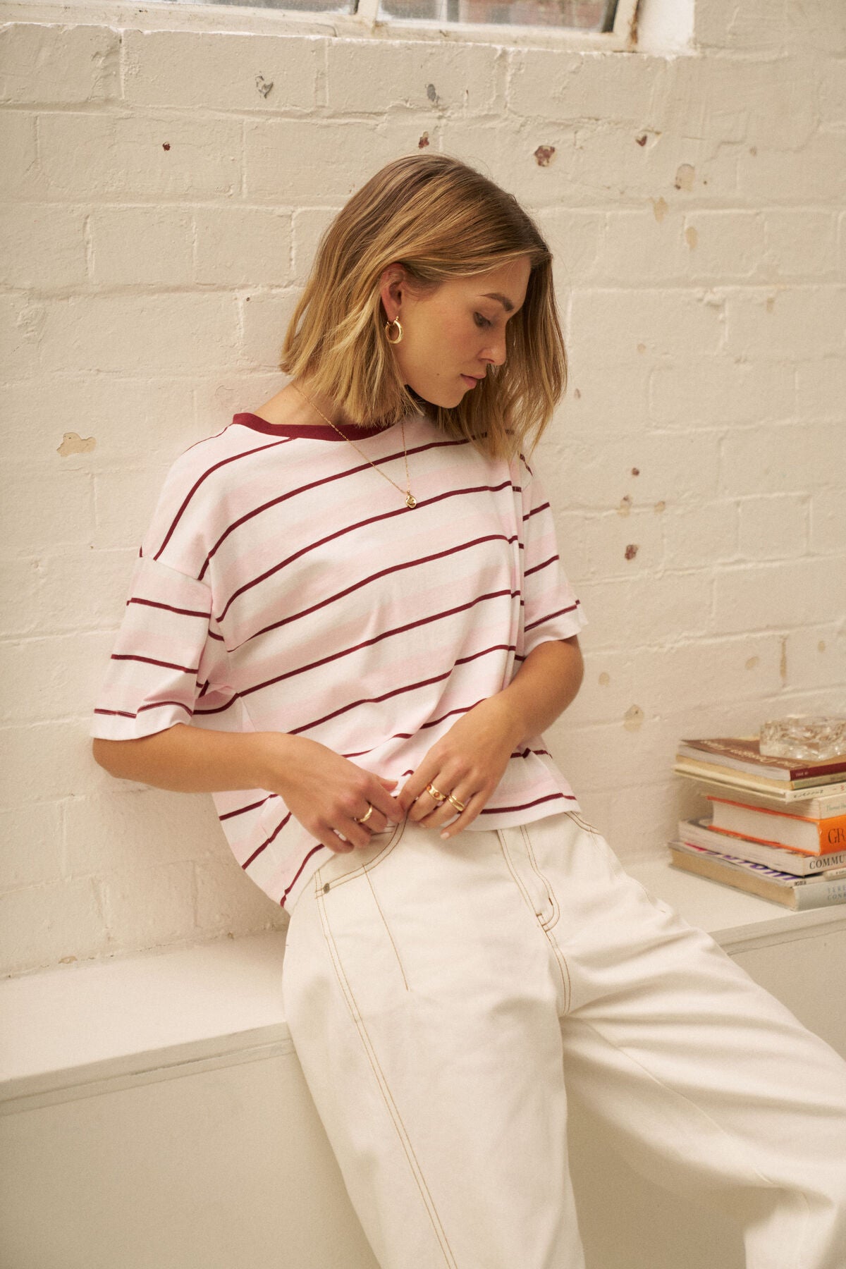 Brea Boxy Tee (Sunfaded Pink/Mulburry Stripe)