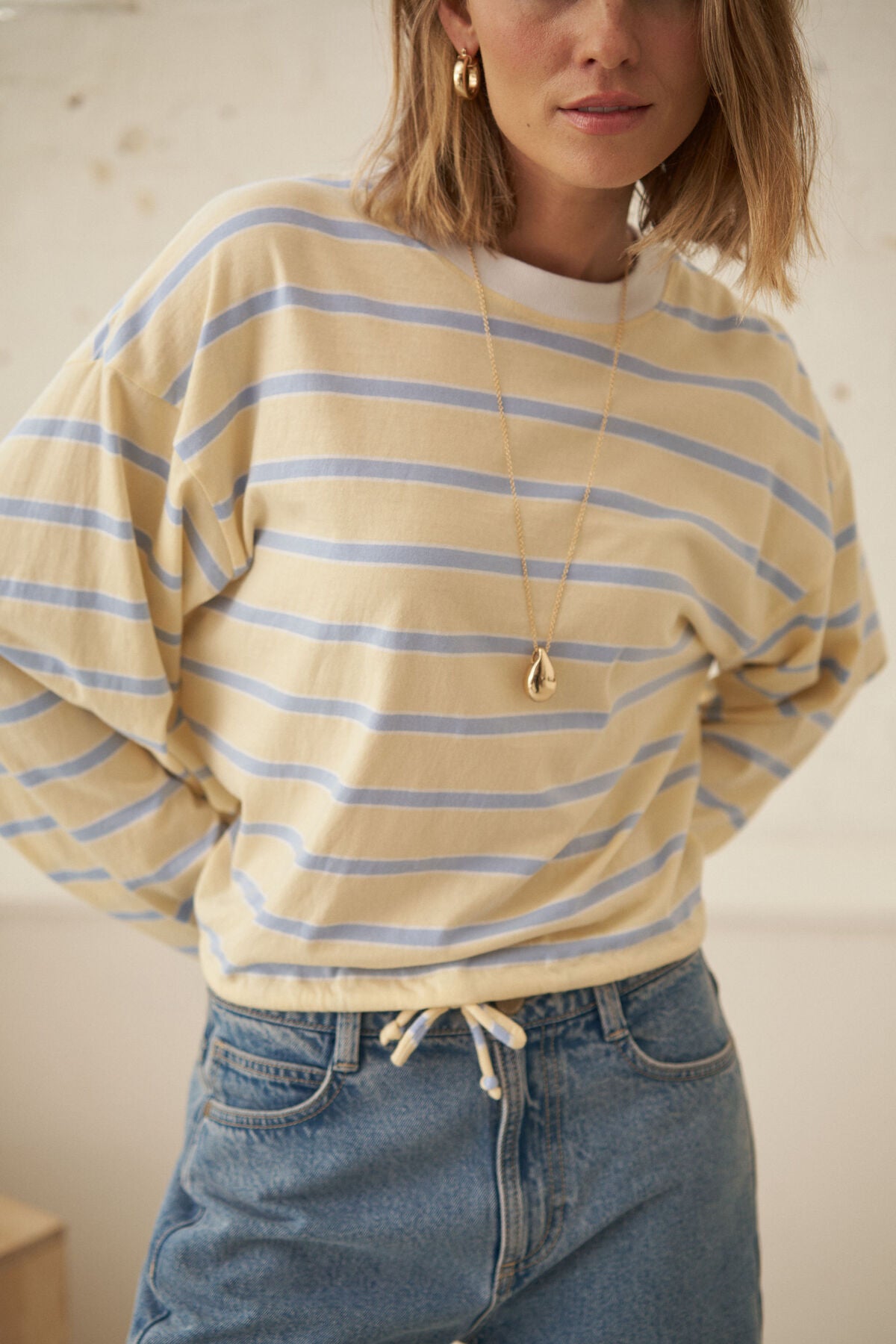 Beau Tie Slouchy Tee (Butter/China Blue Stripe)