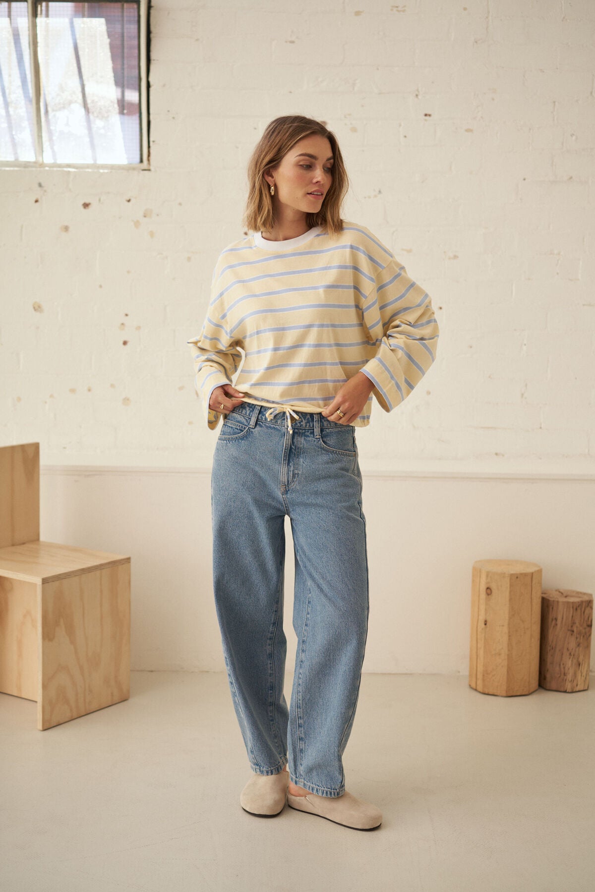 Beau Tie Slouchy Tee (Butter/China Blue Stripe)