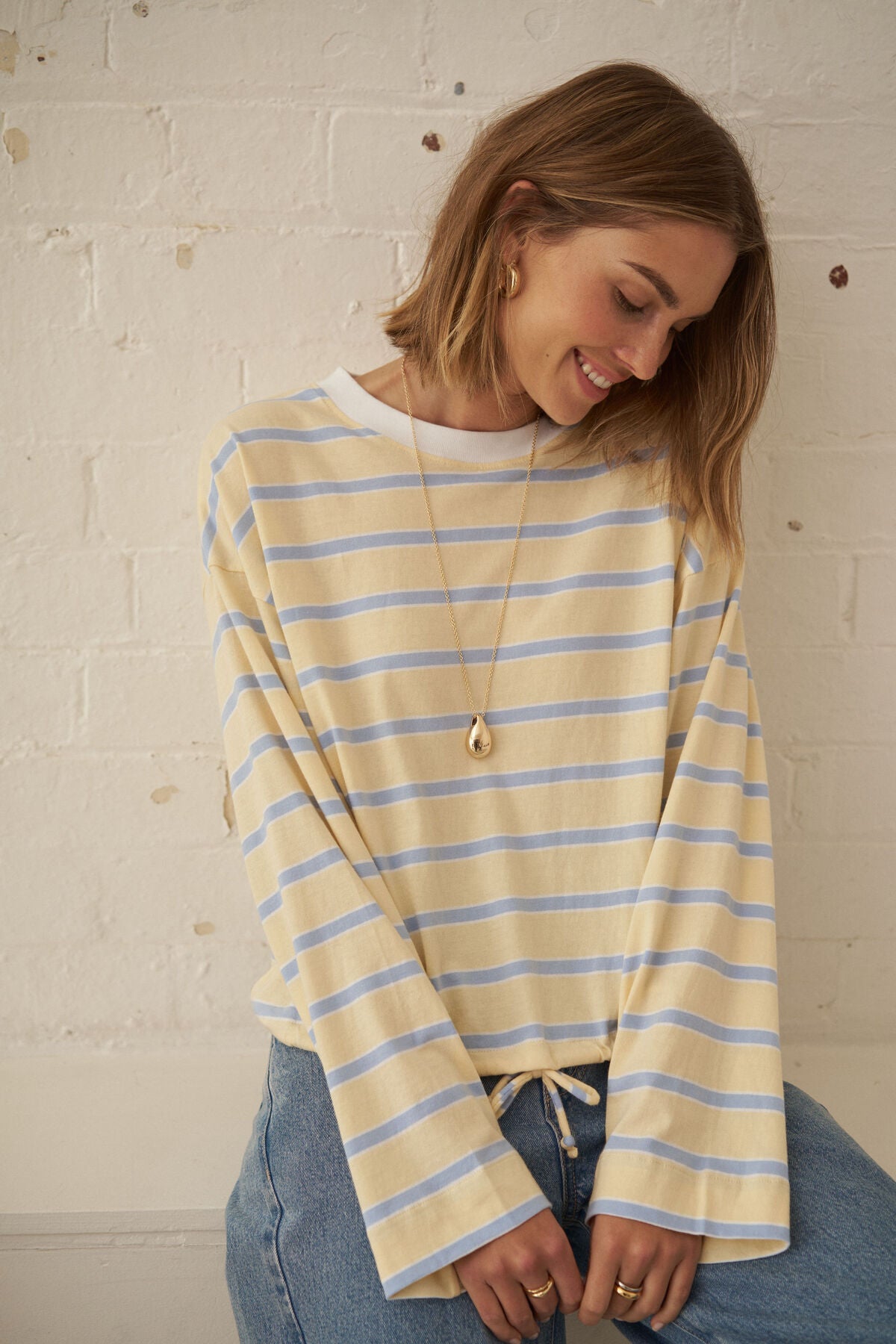 Beau Tie Slouchy Tee (Butter/China Blue Stripe)