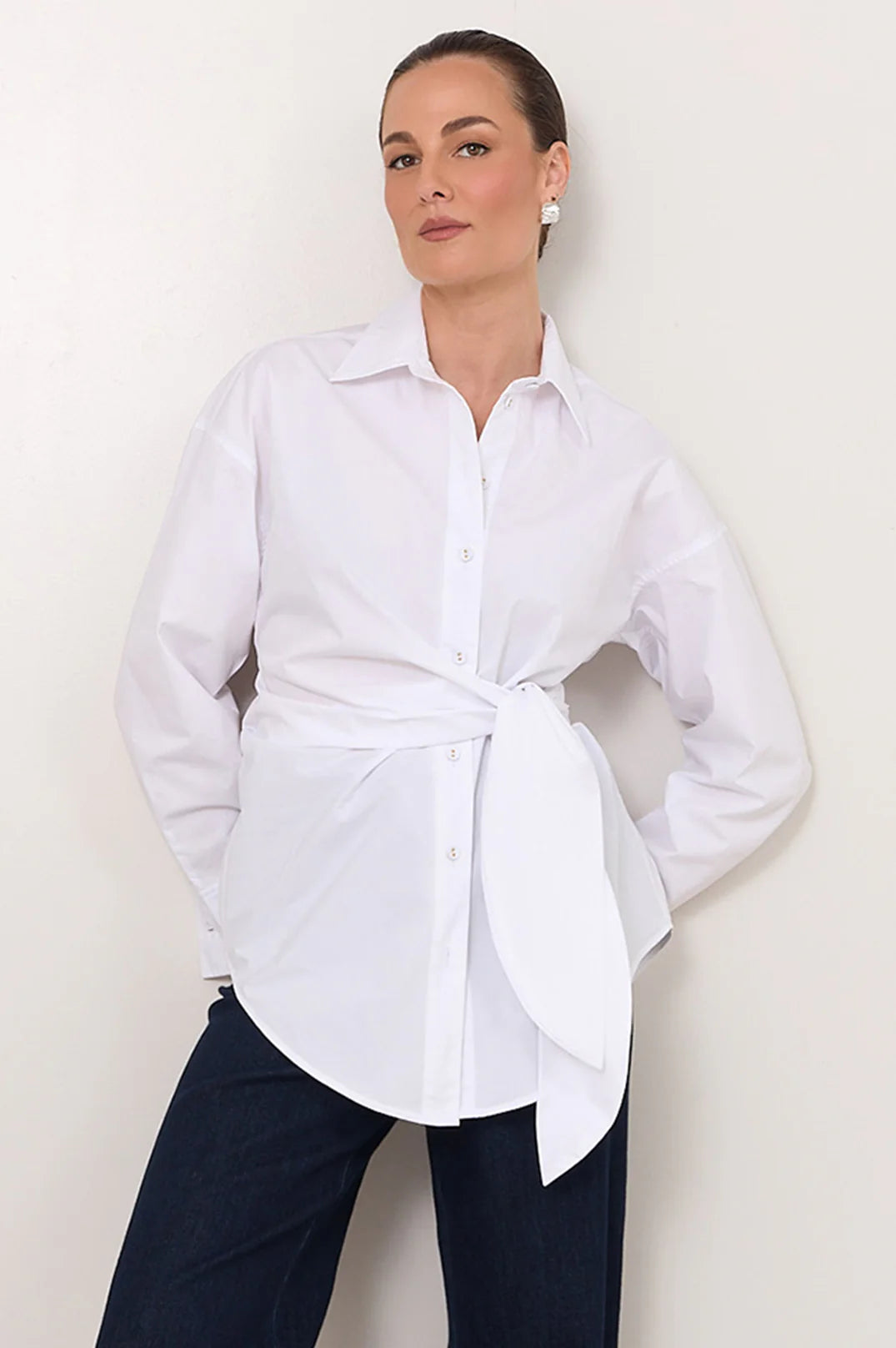 Mina Tie Waist Poplin Shirt (White)