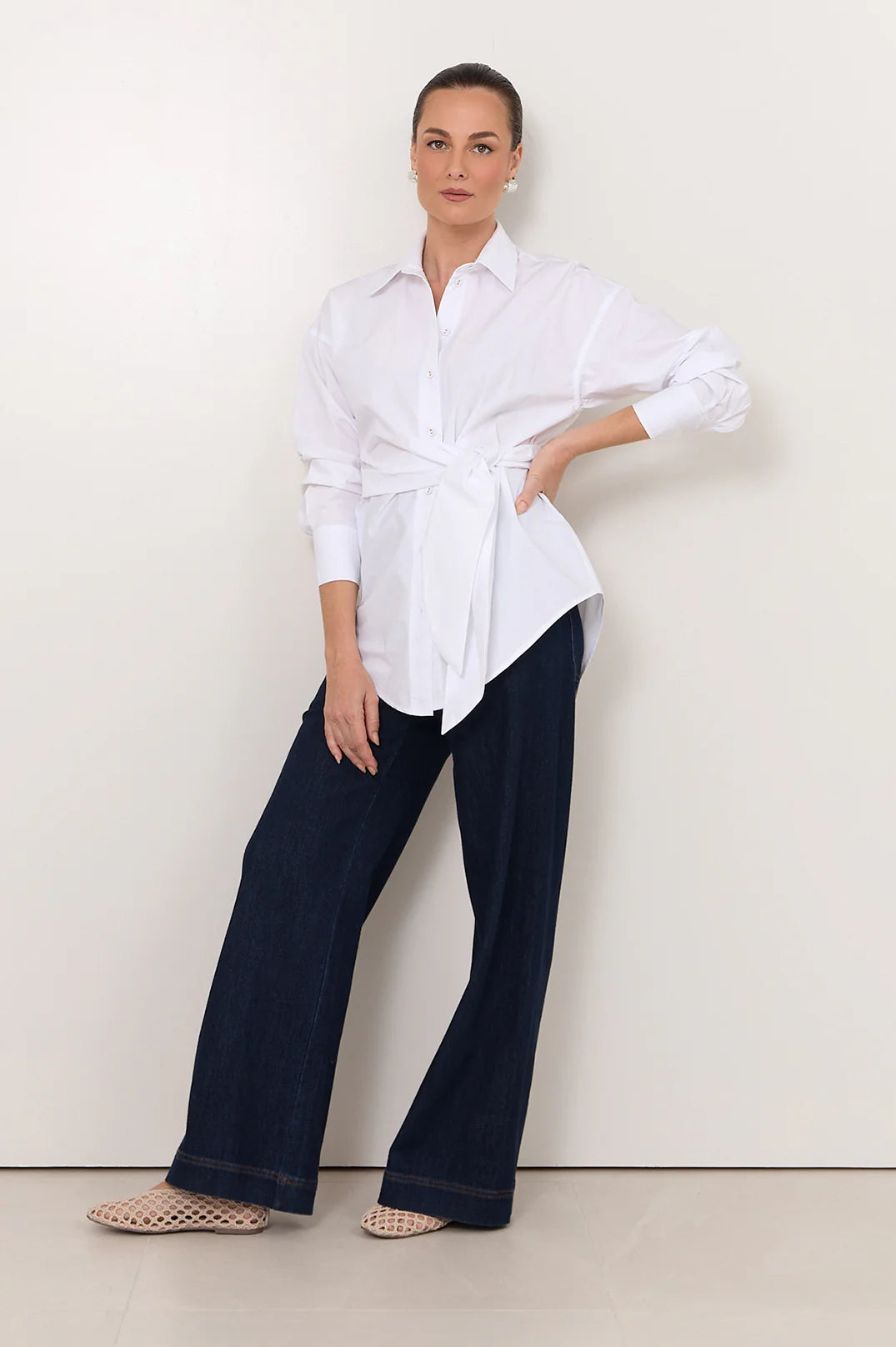 Mina Tie Waist Poplin Shirt (White)