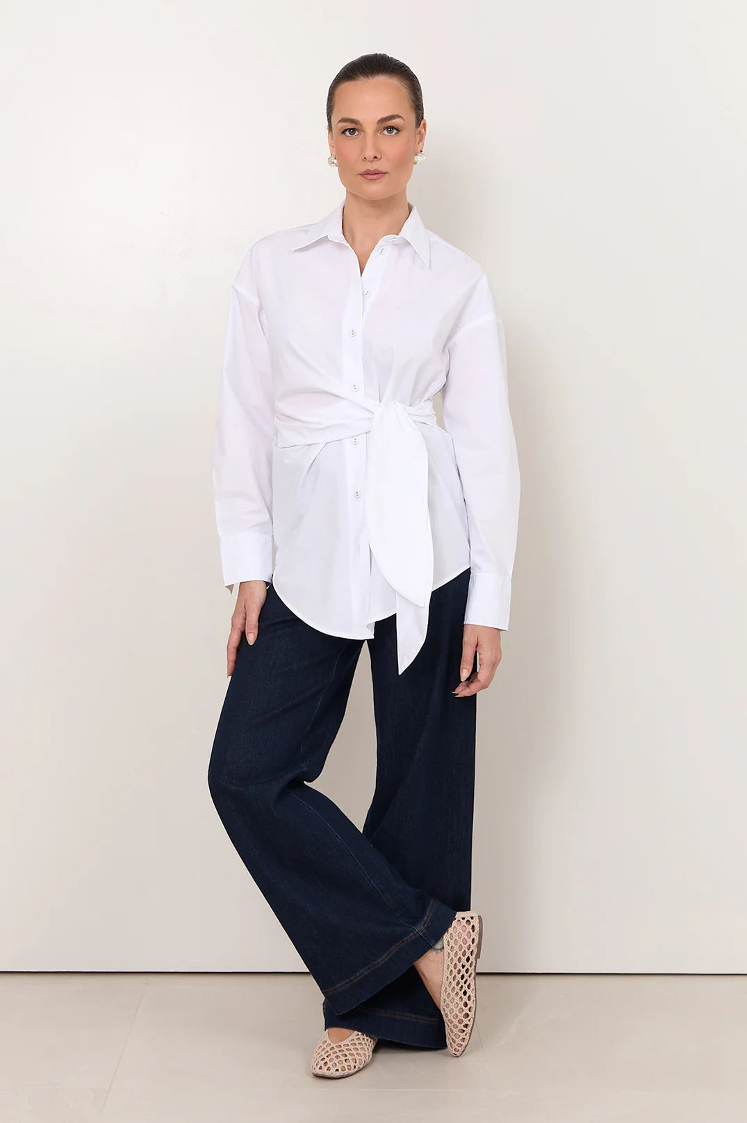 Mina Tie Waist Poplin Shirt (White)