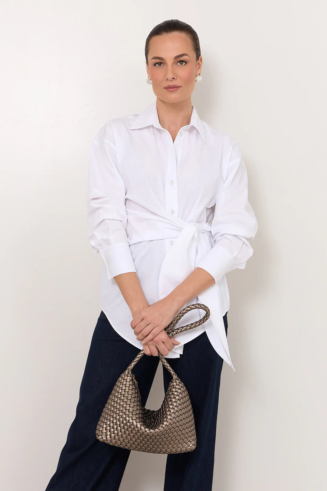 Mina Tie Waist Poplin Shirt (White)